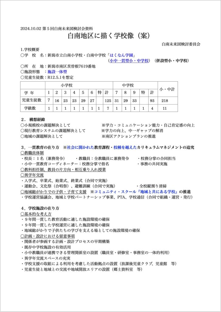 白南地区に描く学校像案